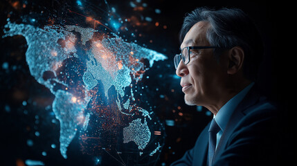 Global Visionary: A thoughtful businessman contemplating a digital map of the world, symbolizing global leadership and interconnectedness. The image evokes a sense of vision, innovation.