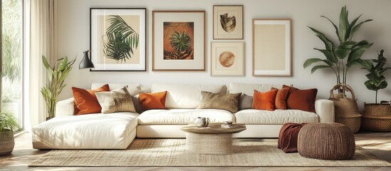 Modern living room interior with white sectional sofa,  pictures on white wall, potted plants, and a coffee table.
