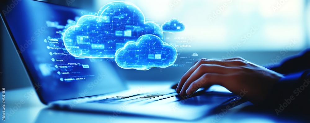 Poster A person using a laptop with cloud storage icons and multiple file wraps around the screen, showing data in clouds accessible to tablets and computers for business, Generative AI