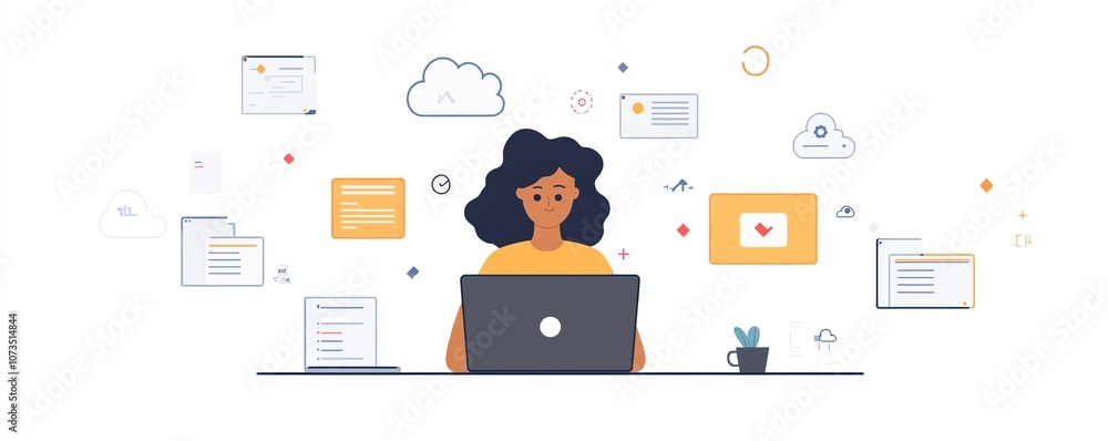Poster A person using a laptop with cloud storage icons and multiple file wraps around the screen, showing data in clouds accessible to tablets and computers for business, Generative AI