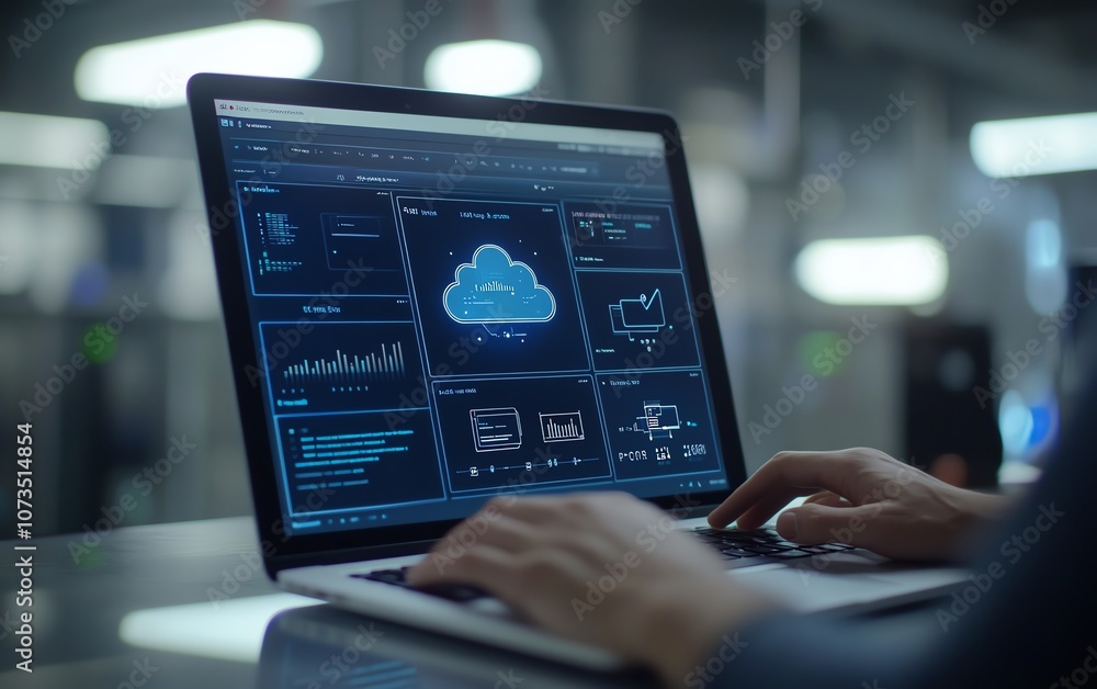 Poster A person using a laptop with cloud storage icons and multiple file wraps around the screen, showing data in clouds accessible to tablets and computers for business, Generative AI