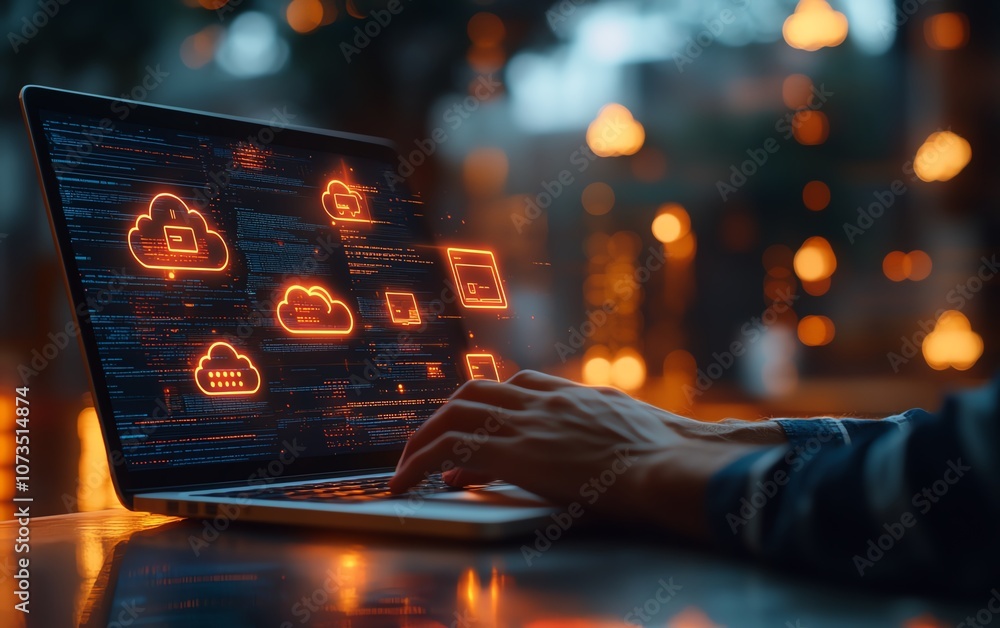Poster A person using a laptop with cloud storage icons and multiple file wraps around the screen, showing data in clouds accessible to tablets and computers for business, Generative AI