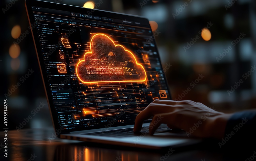Poster A person using a laptop with cloud storage icons and multiple file wraps around the screen, showing data in clouds accessible to tablets and computers for business, Generative AI