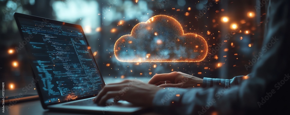 Poster A person using a laptop with cloud storage icons and multiple file wraps around the screen, showing data in clouds accessible to tablets and computers for business, Generative AI