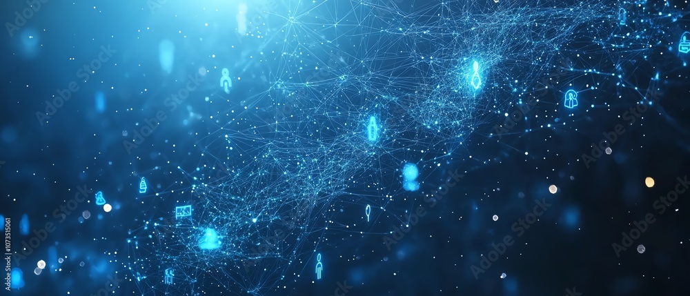 Poster Abstract blue digital network with people icons floating across a connected web, showcasing social media and technological connectivity, Generative AI