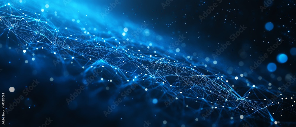 Poster abstract blue digital network with people icons floating across a connected web, showcasing social m