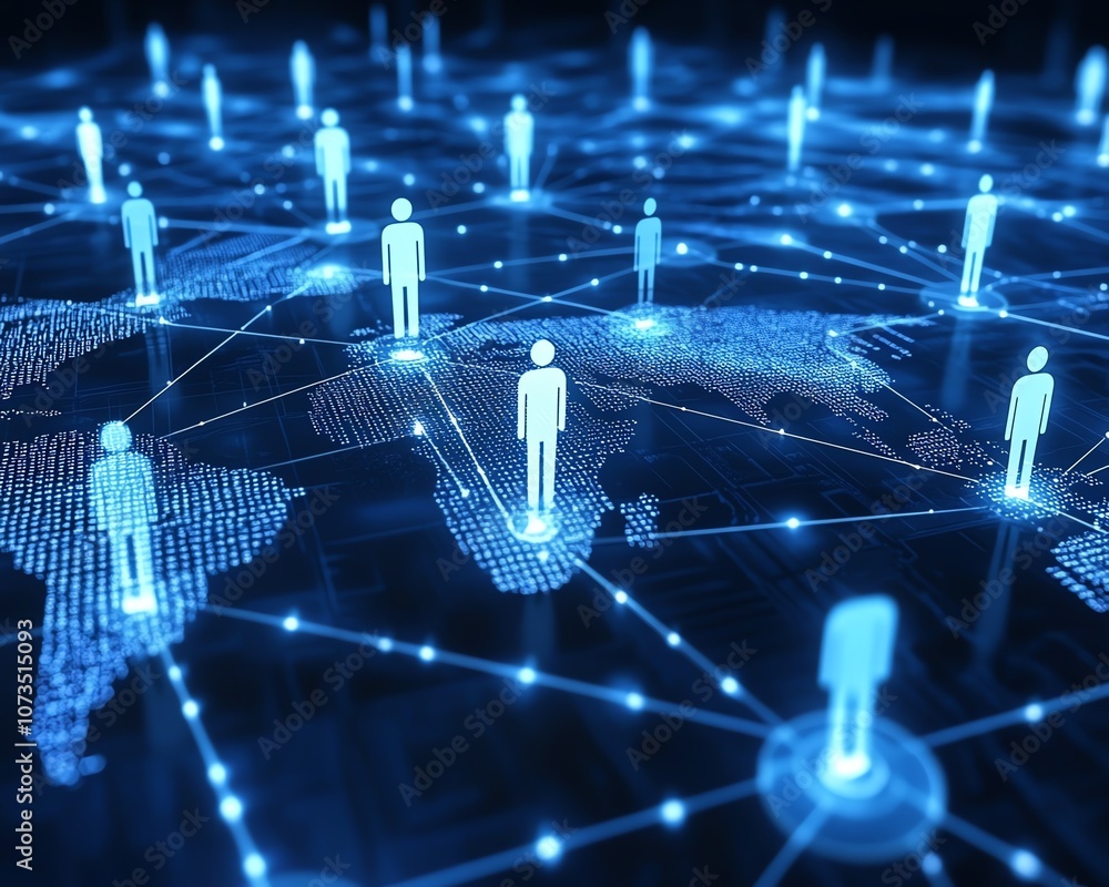 Poster abstract digital connection network with people icons on a blue background, symbolizing technology, 