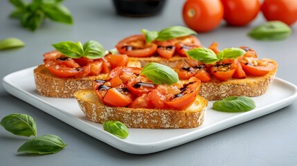 Delectable Italian bruschetta showcasing the fresh flavors of ripe tomatoes fragrant basil and a tantalizing balsamic drizzle  A vibrant and appetizing Mediterranean inspired dish
