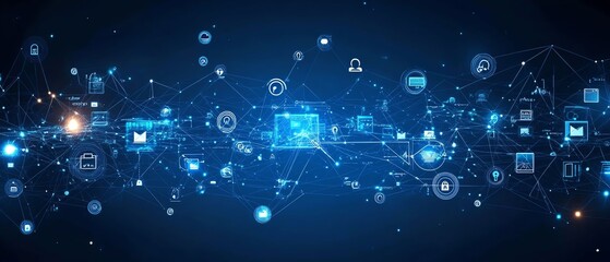 Obraz premium Abstract blue digital network with people icons floating across a connected web, showcasing social media and technological connectivity, Generative AI