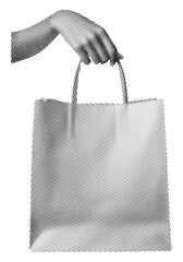 hand holding paper shopping bag isolated retro halftone grunge dotted cut-out collage element for mixed media design