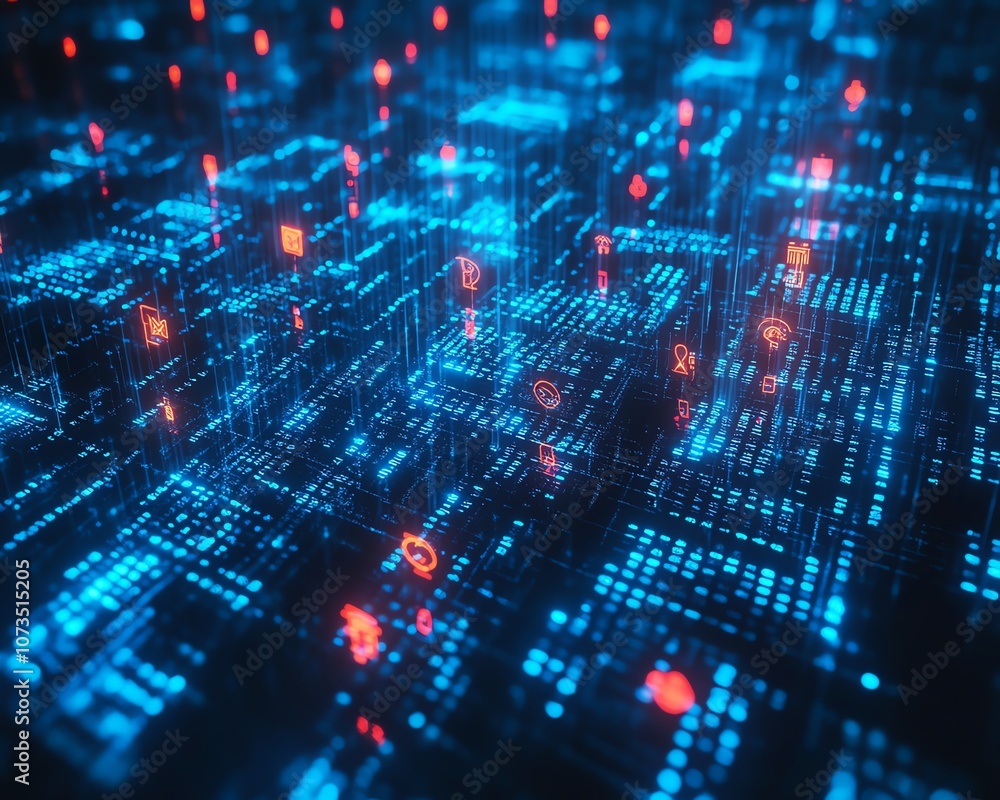 Poster Abstract digital web with people icons on a blue backdrop, illustrating the vast network of social media and technology in modern society, Generative AI