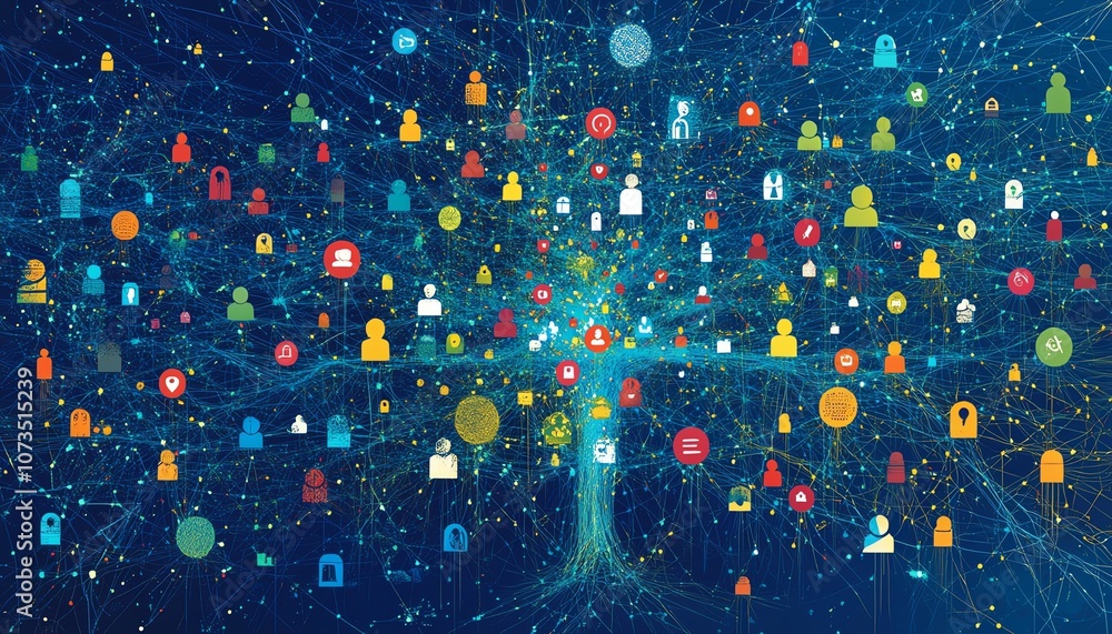 Poster abstract representation of a digital network with people icons on a blue backdrop, depicting the pow