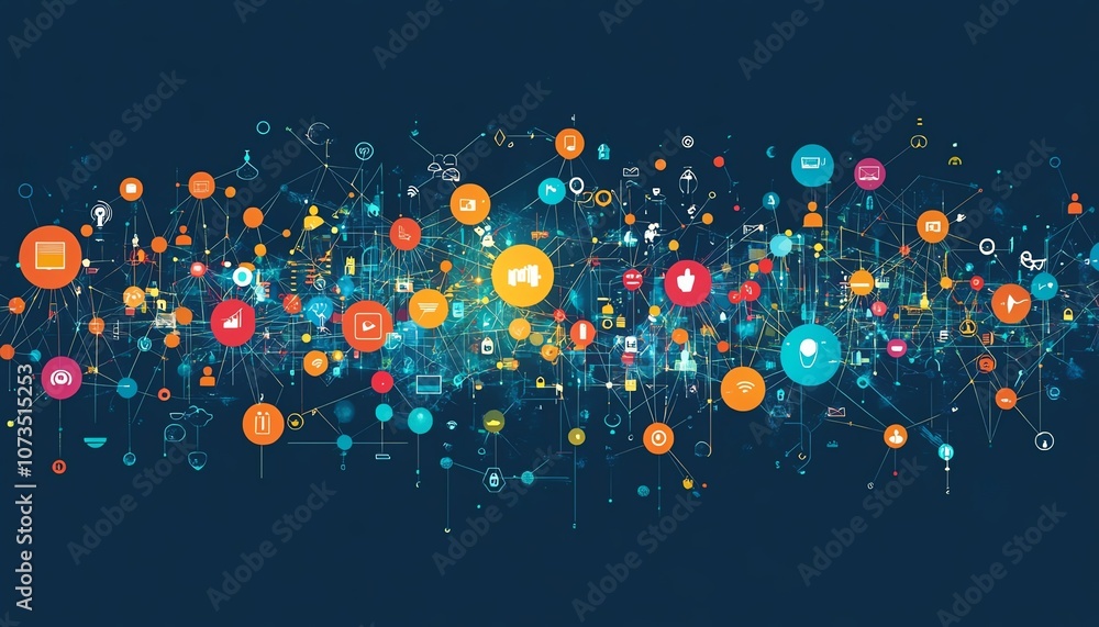 Poster abstract representation of a digital network with people icons on a blue backdrop, depicting the pow