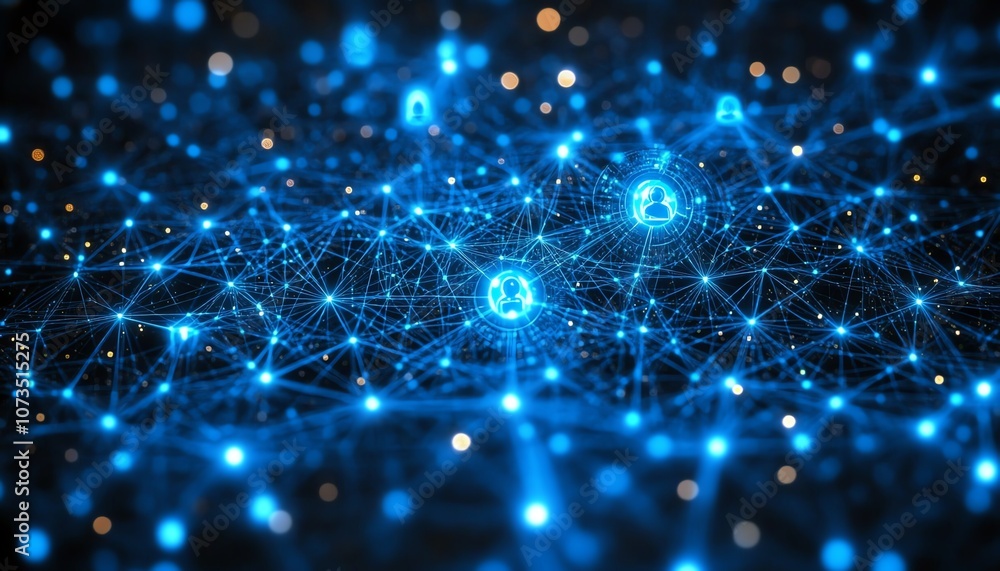 Poster Blue digital network with interlinked people icons, creating an abstract representation of technology, social media, and global digital connections, Generative AI