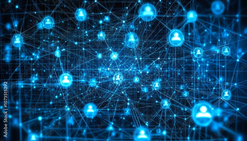 Aufkleber Blue digital network with interlinked people icons, creating an abstract representation of technology, social media, and global digital connections, Generative AI
