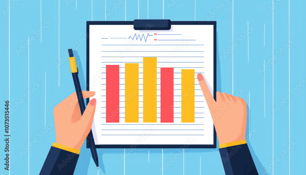 Aufkleber a colorful bar chart on a clipboard, accompanied by a pen, illustrating data analysis or performance