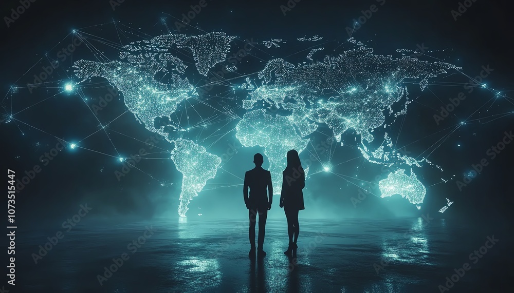 Aufkleber business people standing in front of a world map, connected by luminous lines, illustrating the conc