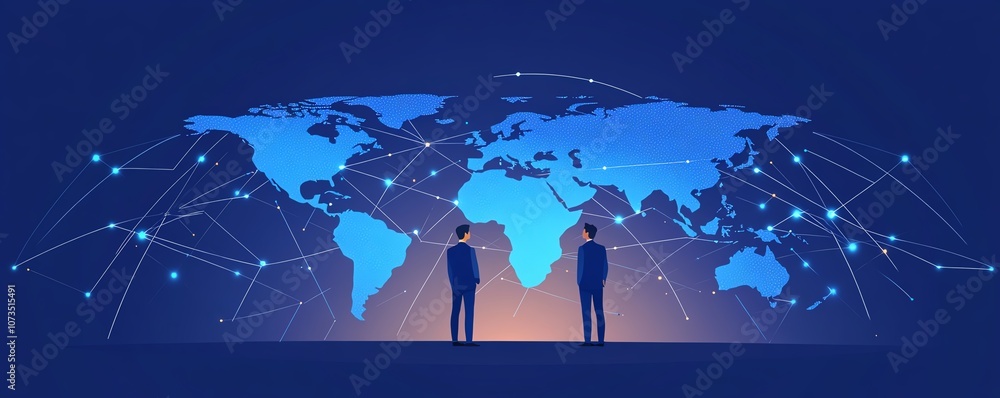 Aufkleber business professionals standing before a world map, connected by digital lines representing internat