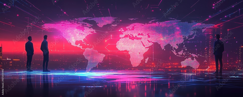 Aufkleber business professionals standing before a world map, connected by digital lines representing internat
