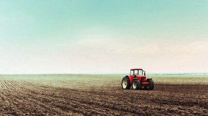 Obraz premium Red tractor working in a plowed field under pale sky