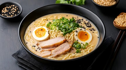 Authentic Japanese ramen dish featuring sliced tender pork vibrant fresh vegetables and a rich umami packed broth creating a nourishing and comforting meal