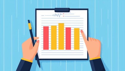A colorful bar chart on a clipboard, accompanied by a pen, illustrating data analysis or performance metrics.