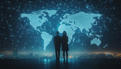 Business people standing in front of a world map, connected by luminous lines, illustrating the concept of global networking and international trade relationships, Generative AI