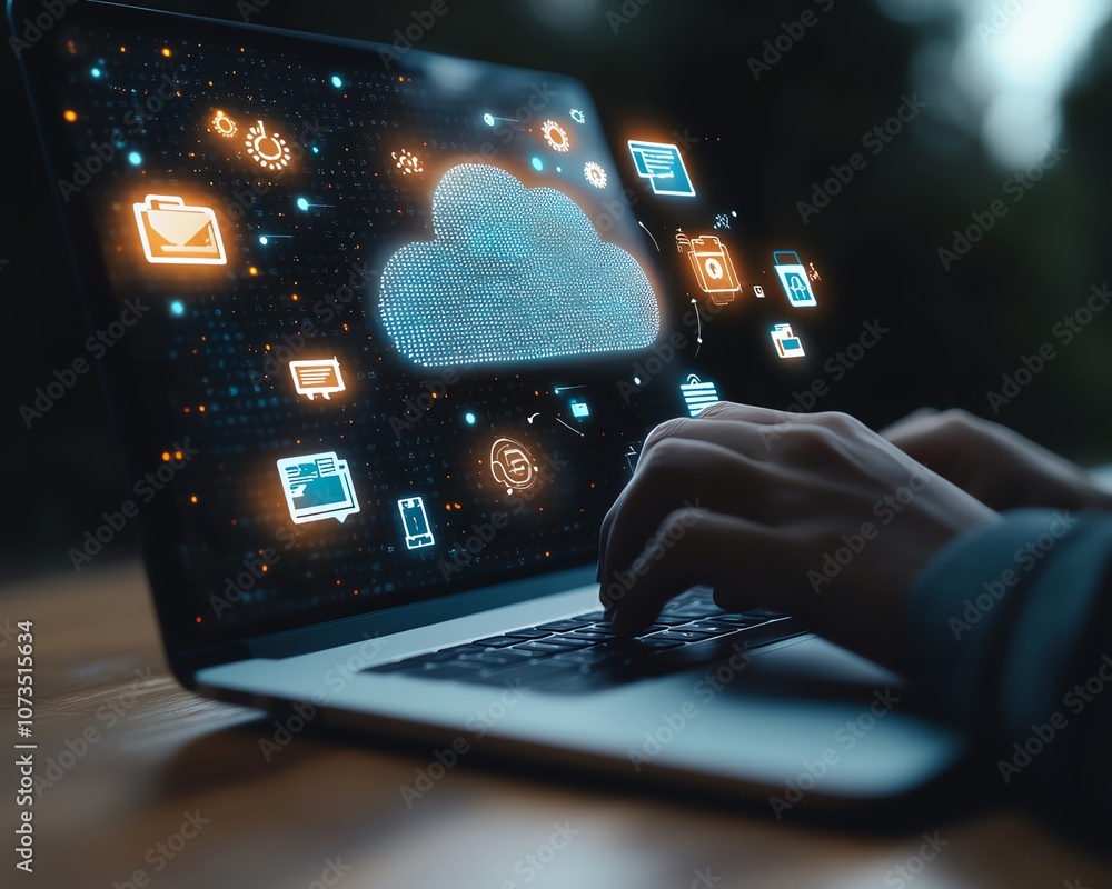 Leinwandbilder Closeup of a person working on a laptop with cloud storage icons and file wraps surrounding the screen, symbolizing cloud access for businesses across devices, Generative AI