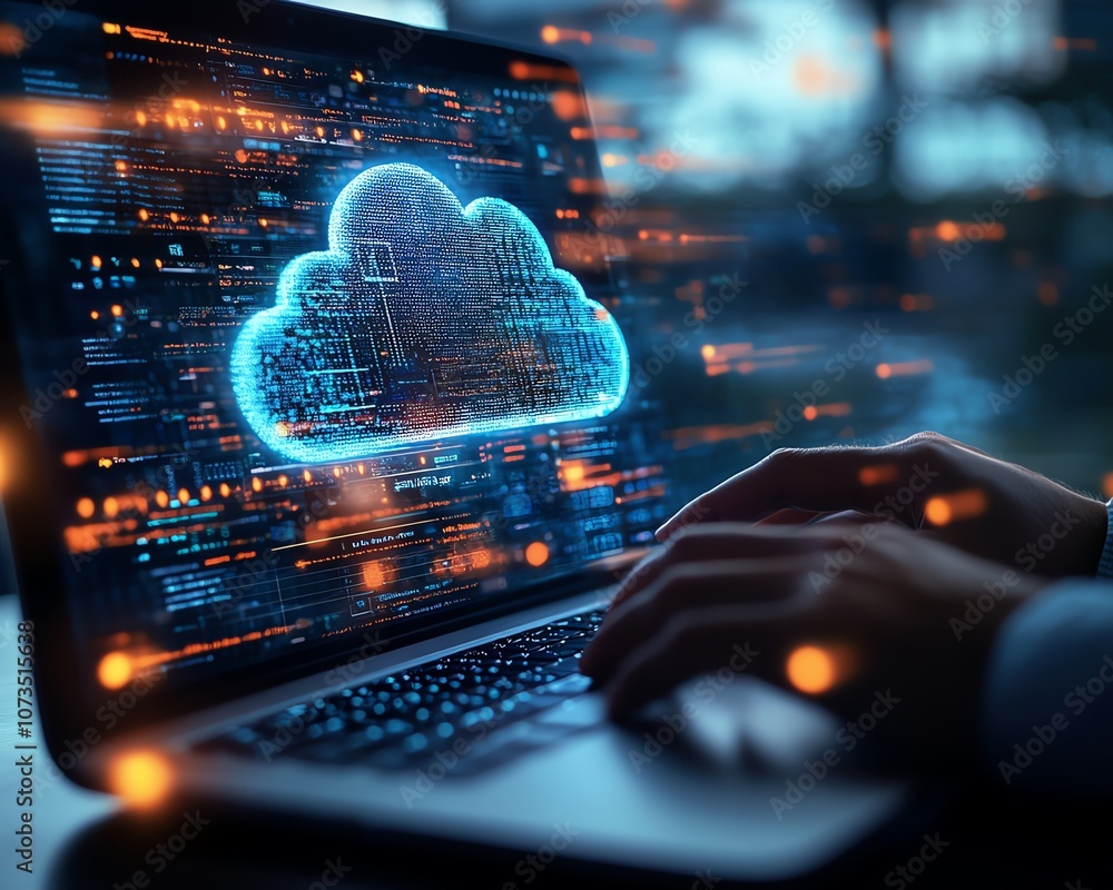 Poster Closeup of a person working on a laptop with cloud storage icons and file wraps surrounding the screen, symbolizing cloud access for businesses across devices, Generative AI