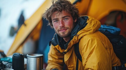 A climber rests in a camp at the foot of the mountain before climbing to the top, cooks food and makes coffee. Mountaineering, climbing, alpinism, mountain tourism concept.