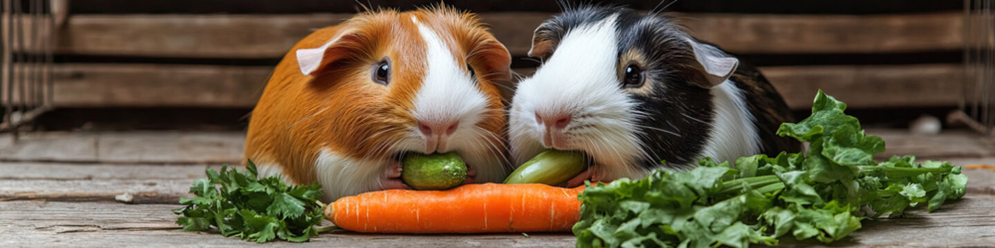 Two adorable guinea pigs nibble on fresh vegetables together, their cage in the background.