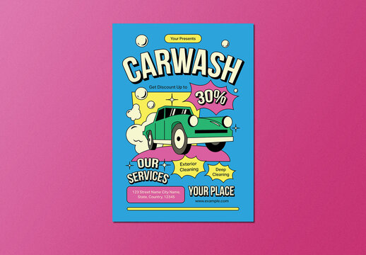 Blue Bold Retro Cartoon Carwash Flyer Layout