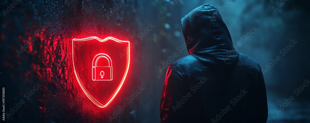 Poster cybersecurity concept a man in a black hoodie with a red shield and padlock icon