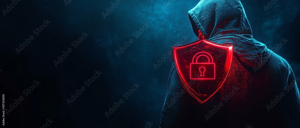 Poster Cyber security concept featuring a man in a black hoodie with a red shield and padlock icon