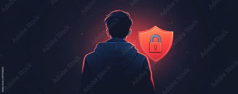 Poster cybersecurity concept a man in a black hoodie with a red shield and padlock icon