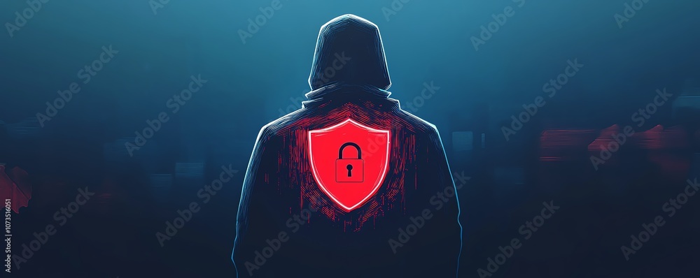 Poster cybersecurity concept a man in a black hoodie with a red shield and padlock icon