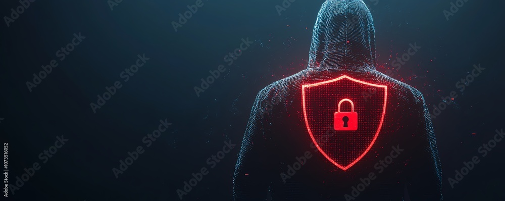 Aufkleber cybersecurity concept a man in a black hoodie with a red shield and padlock icon