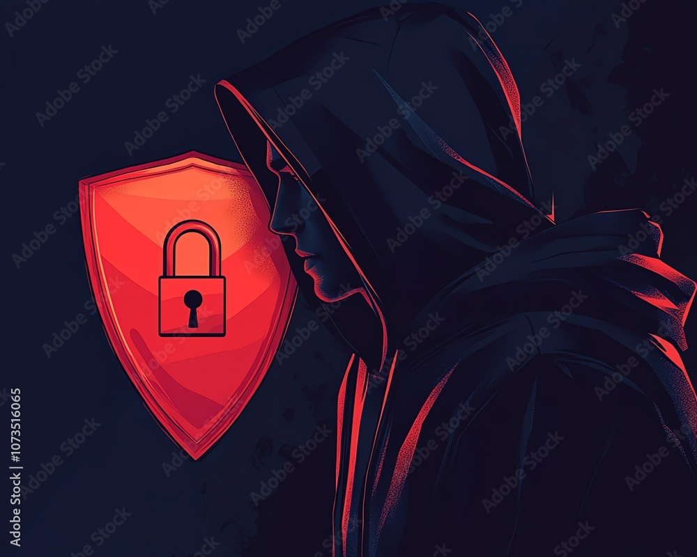 Poster cybersecurity illustration of a man in a black hoodie with a red shield and padlock icon on a dark b
