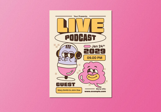 Yellow Bold Retro Cartoon Live Podcast Flyer Layout