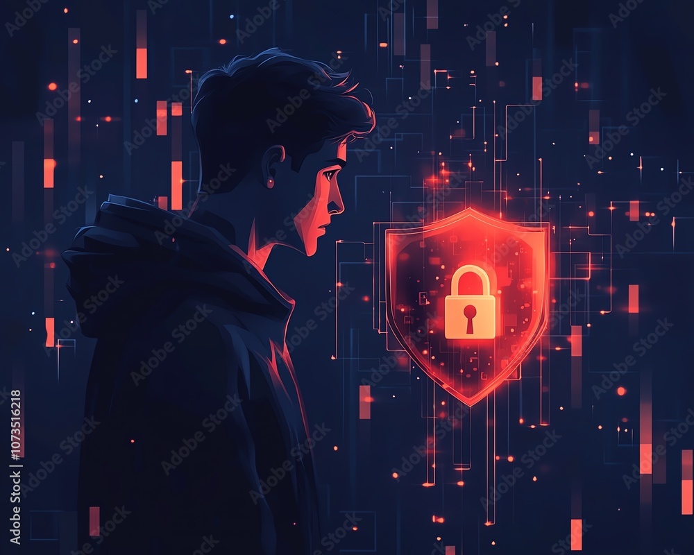Poster digital security concept featuring a man in a black hoodie with a red shield and padlock icon on a d