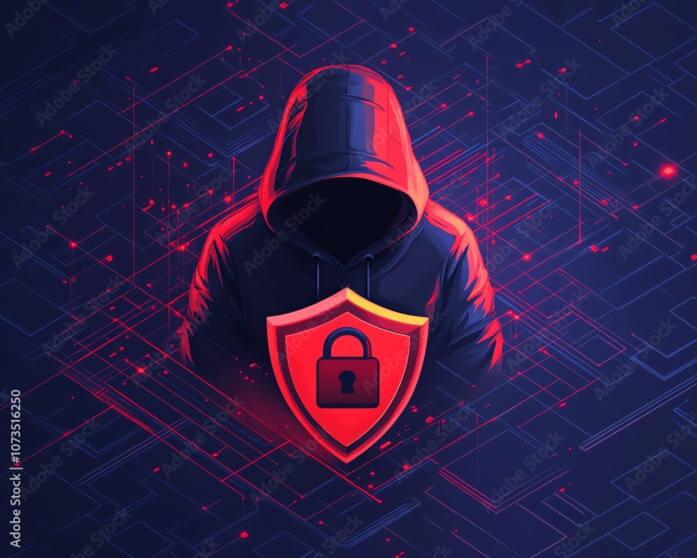 Poster digital security concept featuring a man in a black hoodie with a red shield and padlock icon on a d