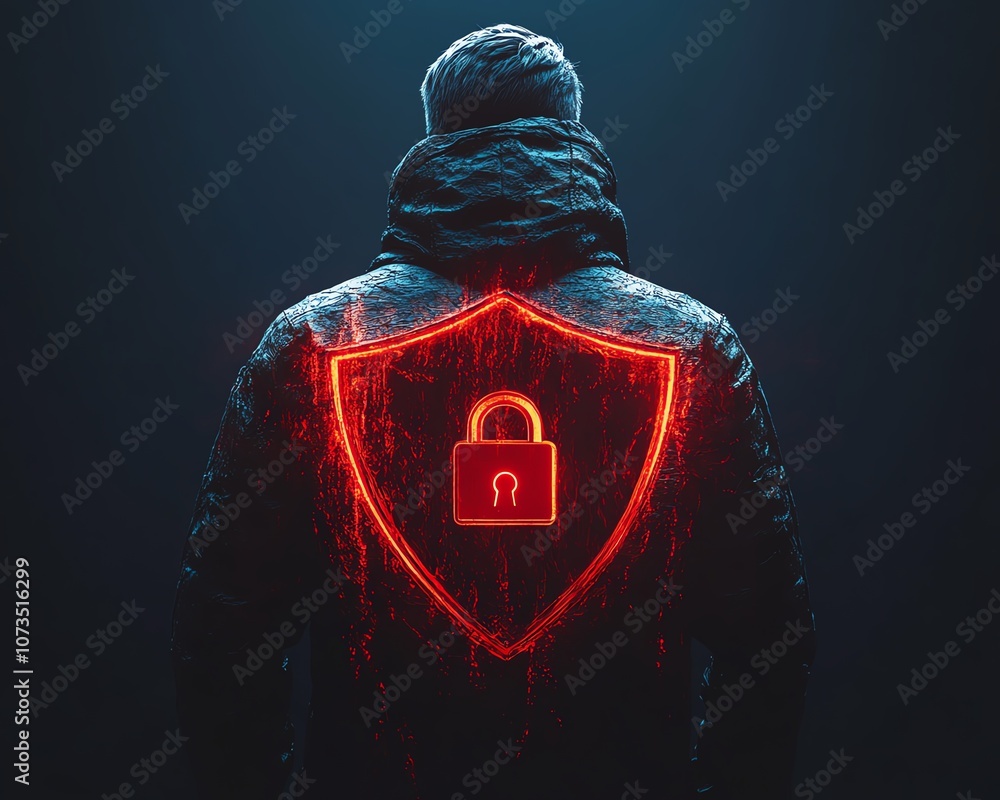 Poster digital security concept featuring a man in a black hoodie with a red shield and padlock icon on a d