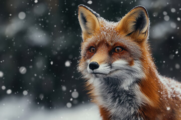 Obraz premium Majestic red fox with snow-dusted fur gazes intently amidst a serene snowy backdrop, embodying the essence of winter wilderness beauty.