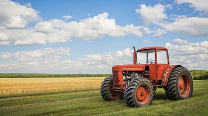 Fototapeta premium Red tractor parked in green field near harvested wheat crop under cloudy sky