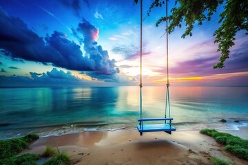 Surreal Blu Schaukel Seascape, Dreamy Coastal Swing