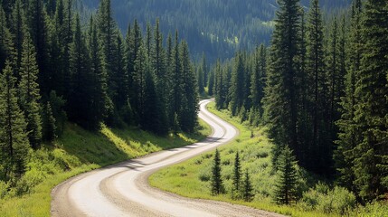 Fototapeta premium A winding gravel road through a lush green forest.