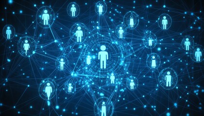 Obraz premium Futuristic social media concept with people icons connected by digital lines on a blue background, symbolizing the technological web of global interaction, Generative AI
