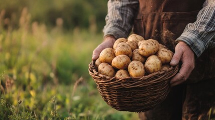 A farmer holds a wicker basket filled with freshly harvested potatoes, standing in a lush green field during a warm, golden evening.