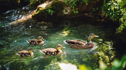 A mother duck leads her three ducklings as they swim in a clear, sunlit stream surrounded by lush greenery, capturing a peaceful nature scene.