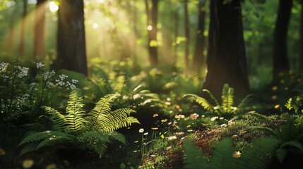 Soft sunlight filters through the trees, illuminating a forest floor filled with lush ferns and delicate wildflowers, creating a serene natural scene.